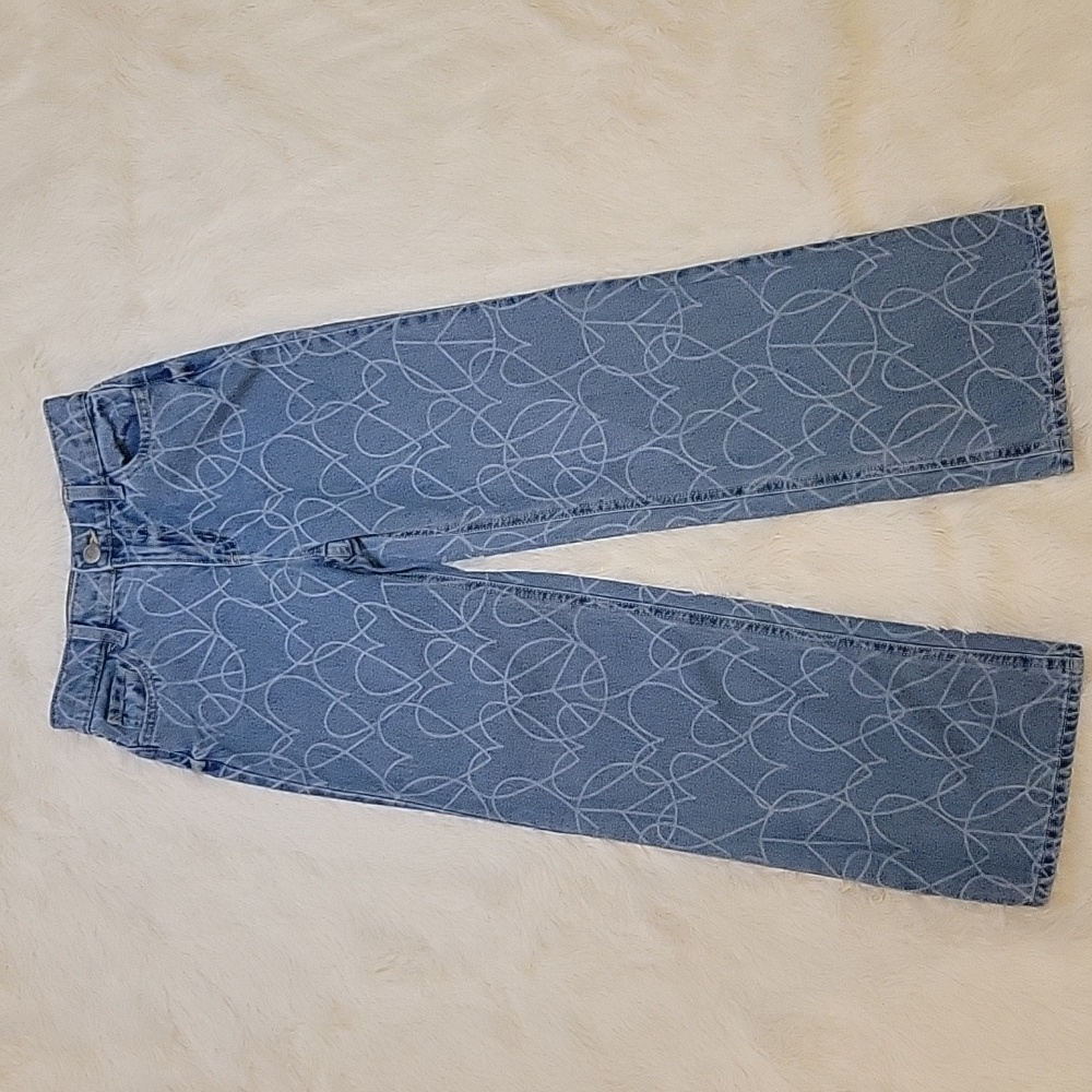 Justice Wide Leg Hearts Peace Sign Print Jeans Girl Size 12 Slim